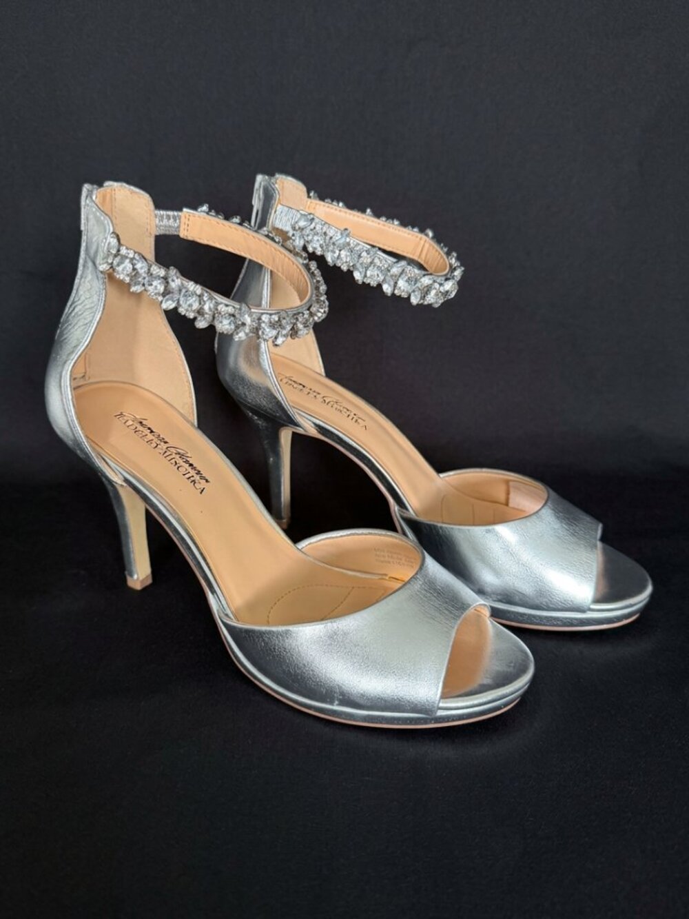 Badgley Mischka American Glamour Silver Heels Rhinestone Ankle Strap - Sz. 8